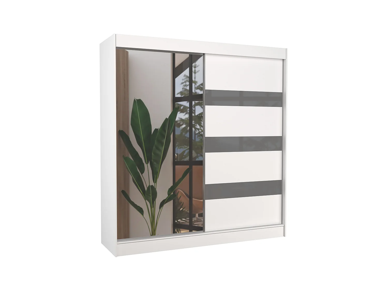 Armoire de chambre 1 porte blanche et grise laquée 1 porte miroir Voka - 3 tailles-Largeur 200 cm