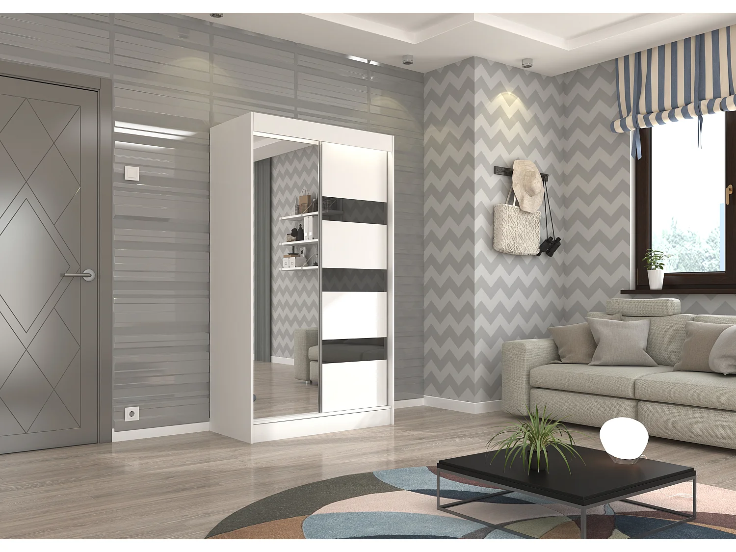 Armoire de chambre 1 porte blanche et grise laquée 1 porte miroir Voka - 3 tailles-Largeur 200 cm