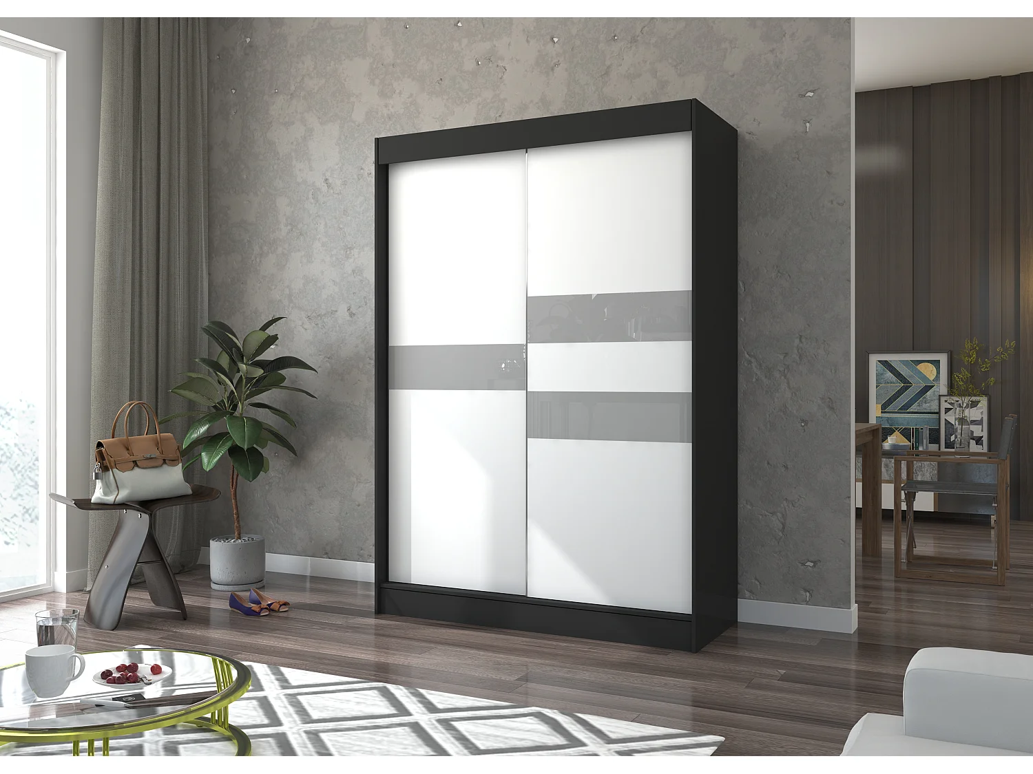 Armoire de chambre noir à portes coulissantes bois blanc mat et gris laqué Korza - 3 tailles-Largeur 150 cm