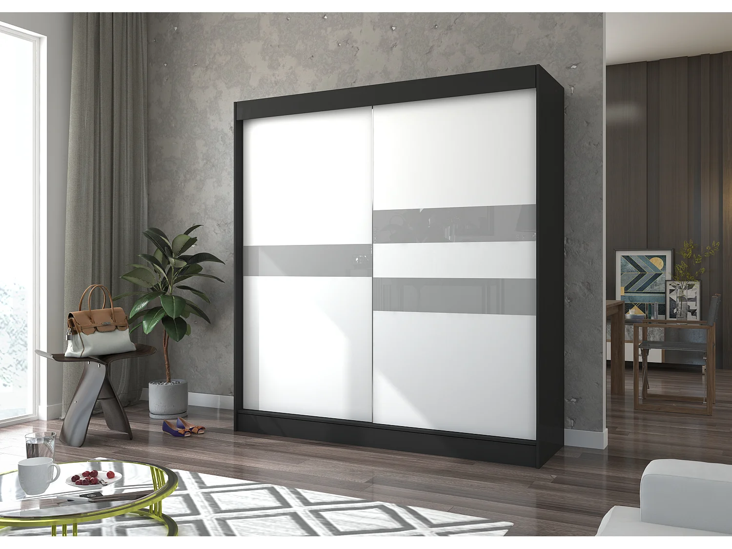 Armoire de chambre noir à portes coulissantes bois blanc mat et gris laqué Korza - 3 tailles-Largeur 150 cm
