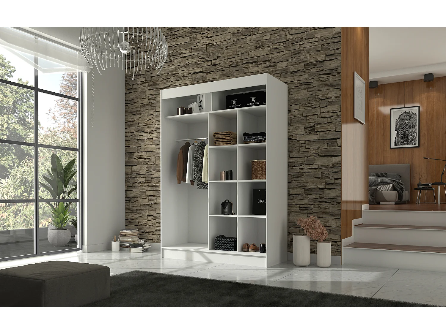 Armoire de chambre noir à portes coulissantes bois blanc mat et gris laqué Korza - 3 tailles-Largeur 150 cm