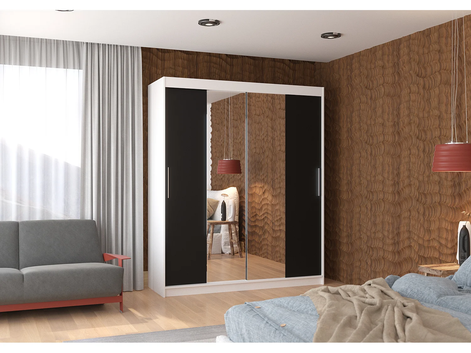 Armoire de chambre à coucher blanche 2 portes coulissantes noir et miroir Dally 180cm