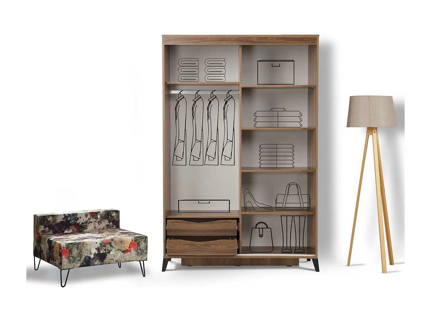 Armoire 2 portes coulissantes avec miroir Olgin L140xH216cm Bois foncé