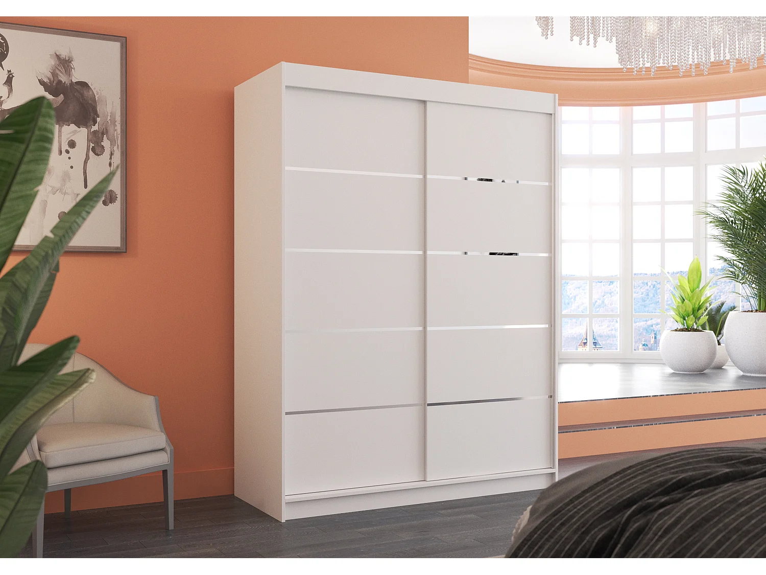 Armoire de chambre à coucher blanche 2 portes coulissantes bois blanc et alu Kubik 150cm