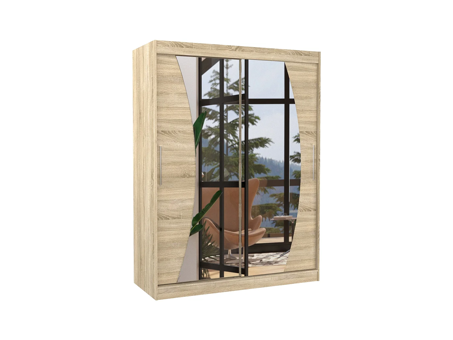 Armoire de chambre bois clair 2 portes coulissantes avec miroir Modela 150cm