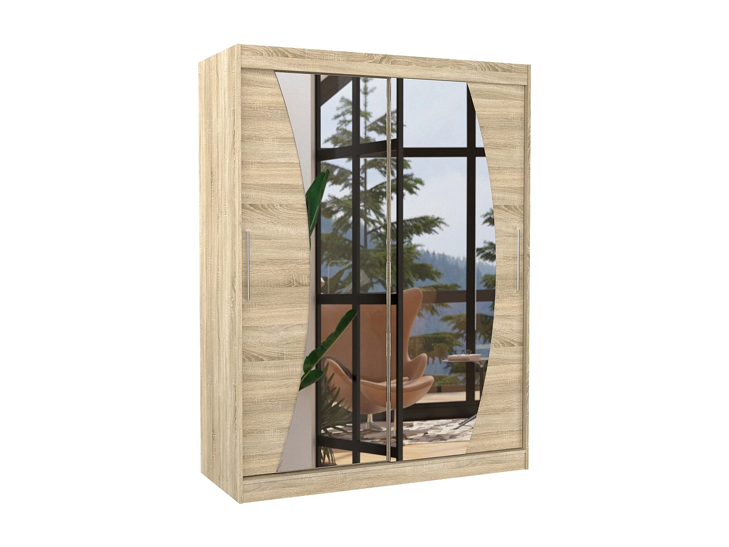 Armoire de chambre bois clair 2 portes coulissantes avec miroir Modela 150cm