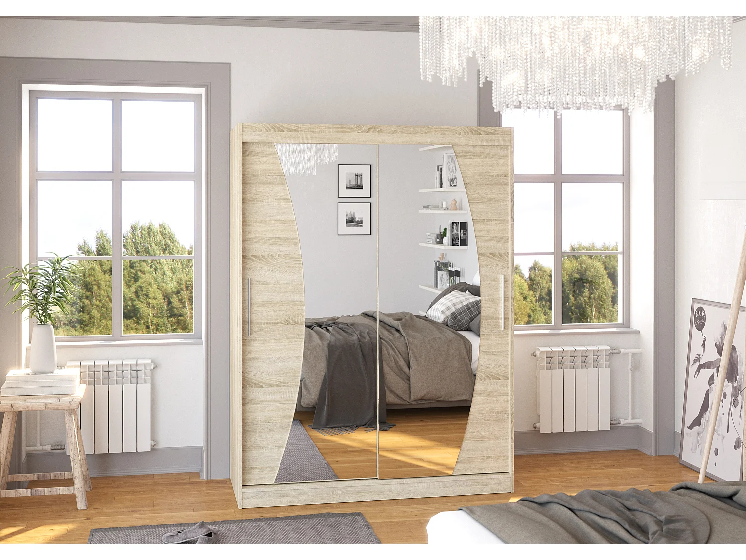 Armoire de chambre bois clair 2 portes coulissantes avec miroir Modela 150cm