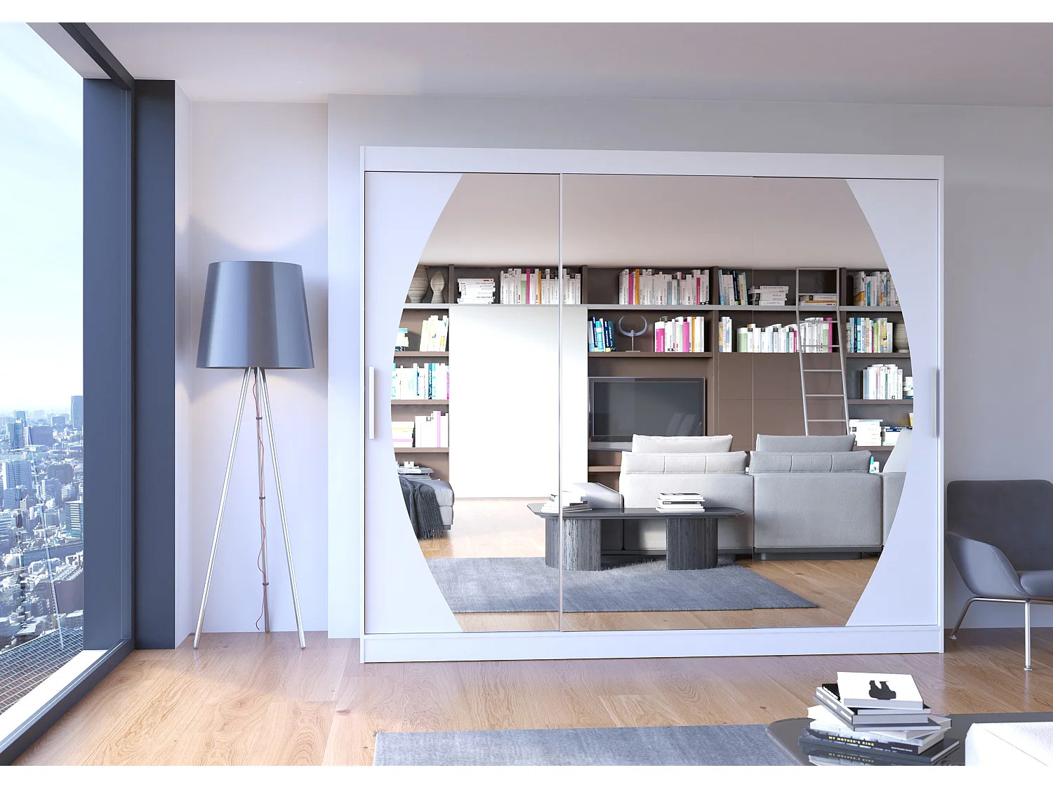 Grande armoire de chambre à coucher 3 portes coulissantes blanches et miroir Kerry 250cm