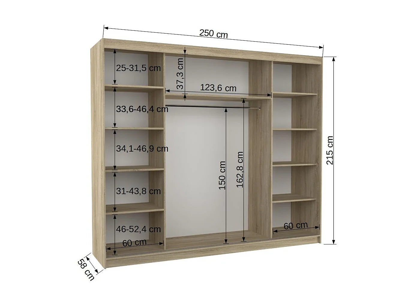 Grande armoire de chambre à coucher 3 portes coulissantes blanches et miroir Kerry 250cm