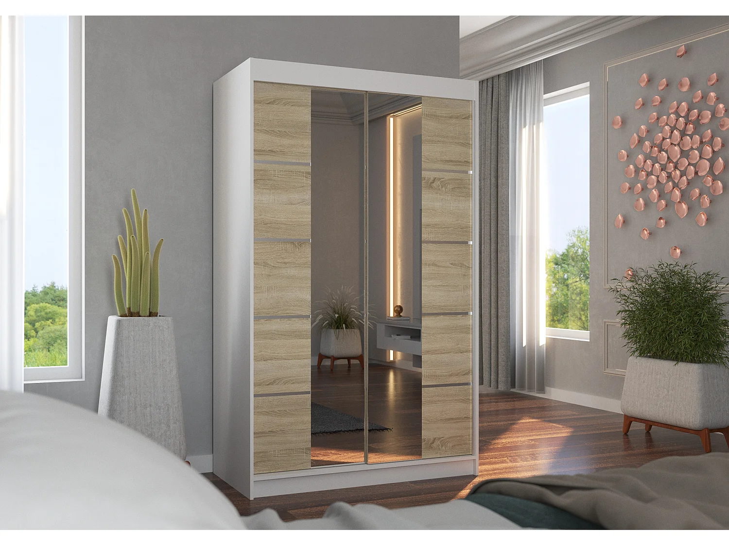 Petite armoire design de chambre à coucher 2 portes coulissantes blanche et naturel avec miroir Kinzo 120cm