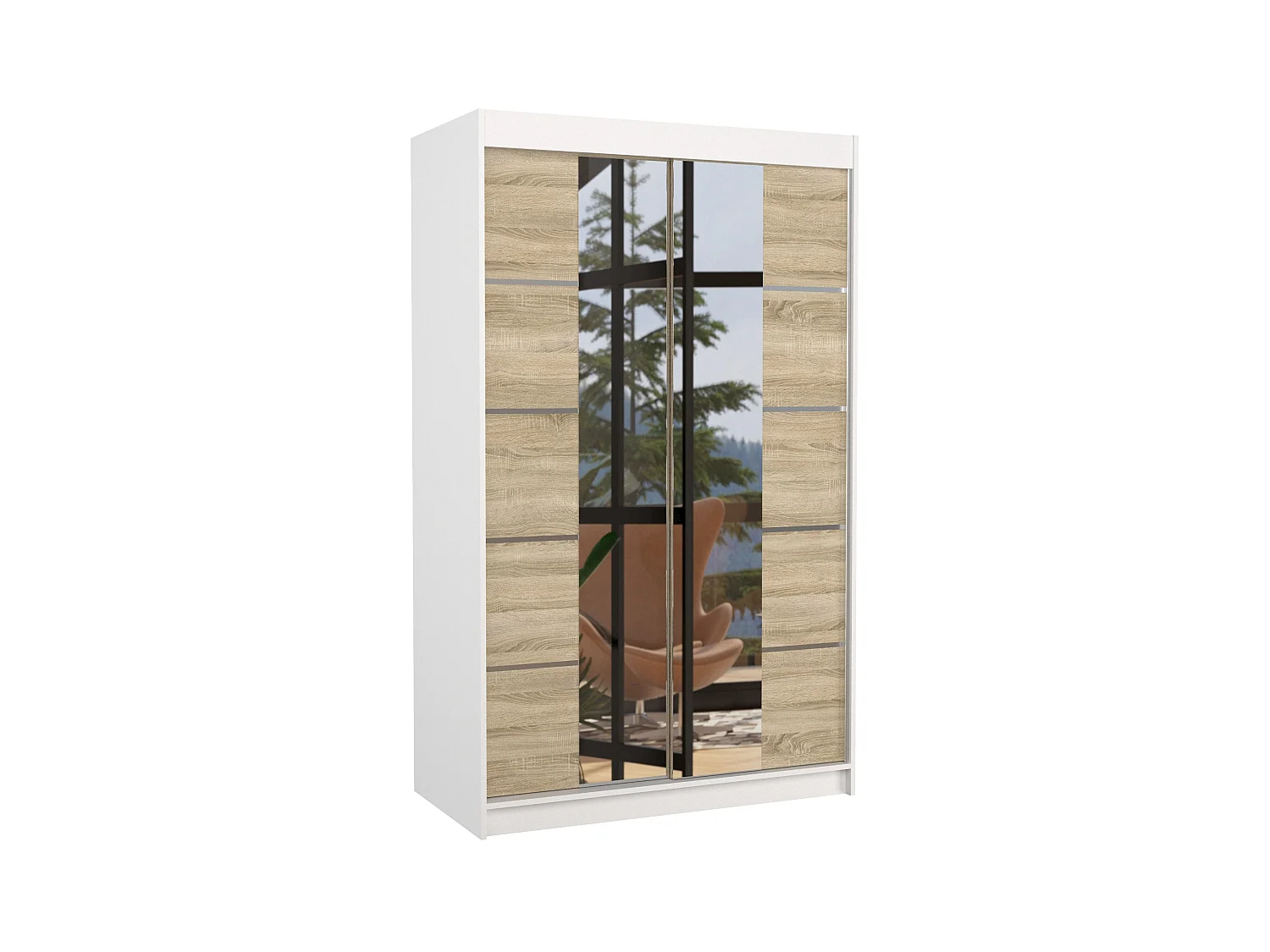 Petite armoire design de chambre à coucher 2 portes coulissantes blanche et naturel avec miroir Kinzo 120cm