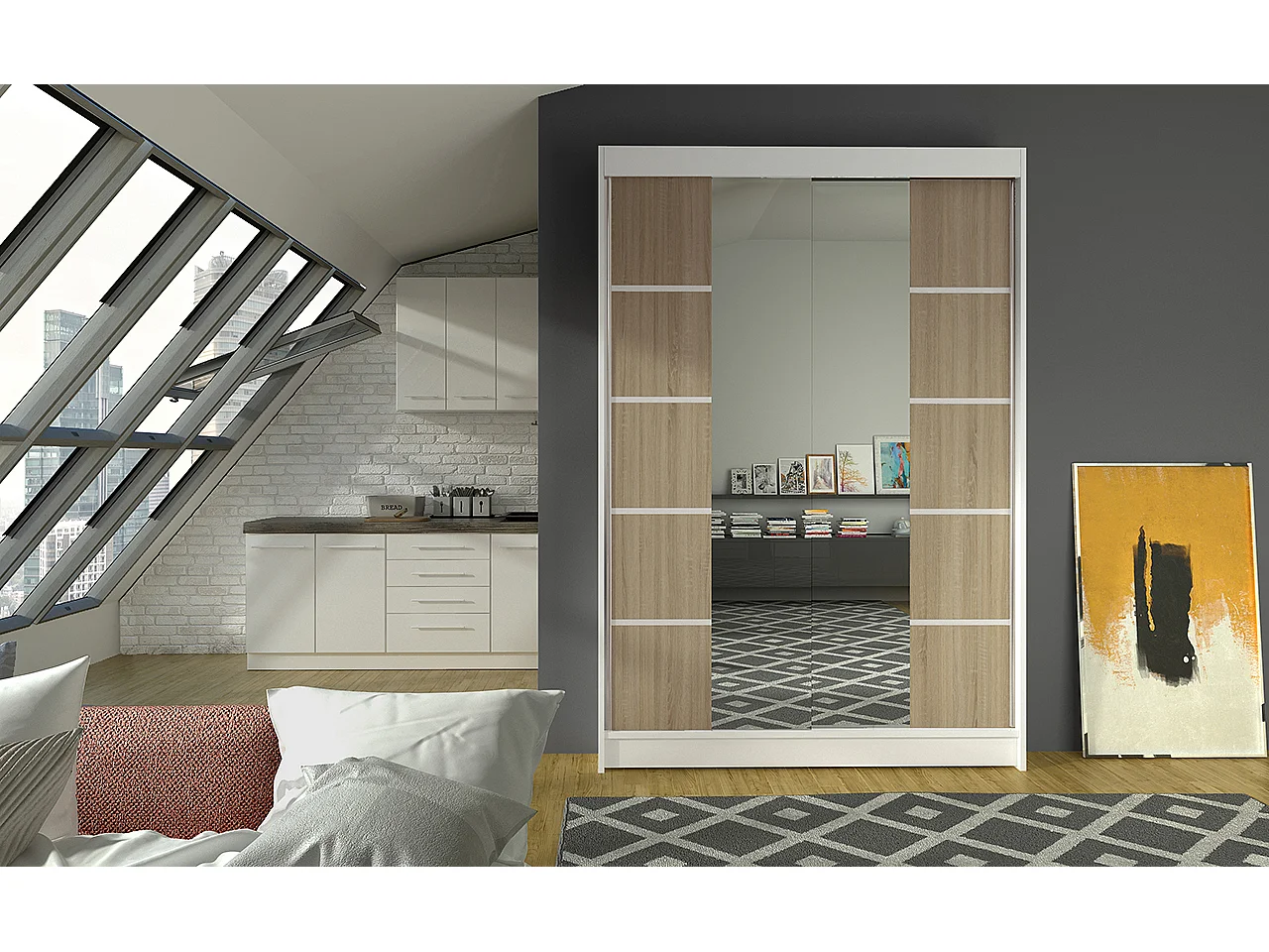 Petite armoire design de chambre à coucher 2 portes coulissantes blanche et naturel avec miroir Kinzo 120cm