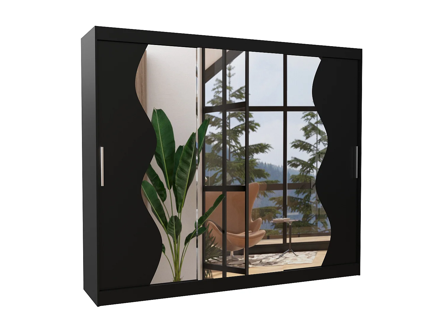 Grande armoire de chambre à coucher 3 portes coulissantes noir et miroir biseauté Kola 250cm