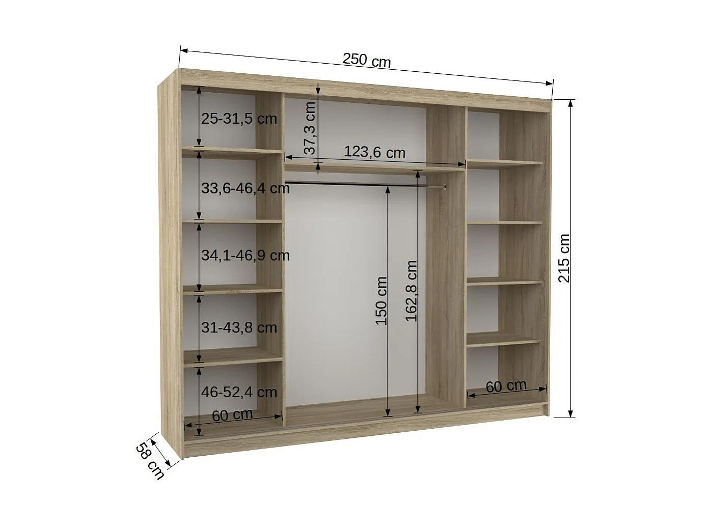 Grande armoire de chambre à coucher 3 portes coulissantes noir et miroir biseauté Kola 250cm