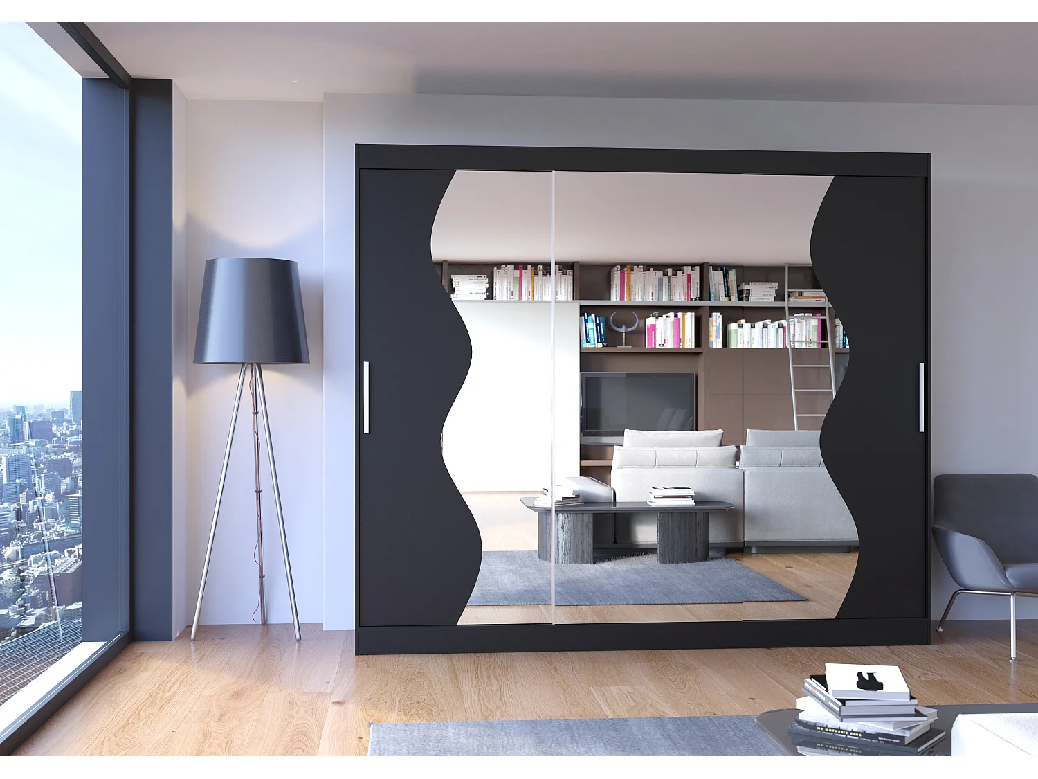 Grande armoire de chambre à coucher 3 portes coulissantes noir et miroir biseauté Kola 250cm