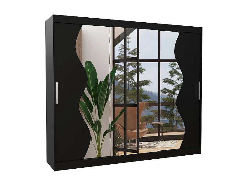 Grande armoire de chambre à coucher 3 portes coulissantes noir et miroir biseauté Kola 250cm