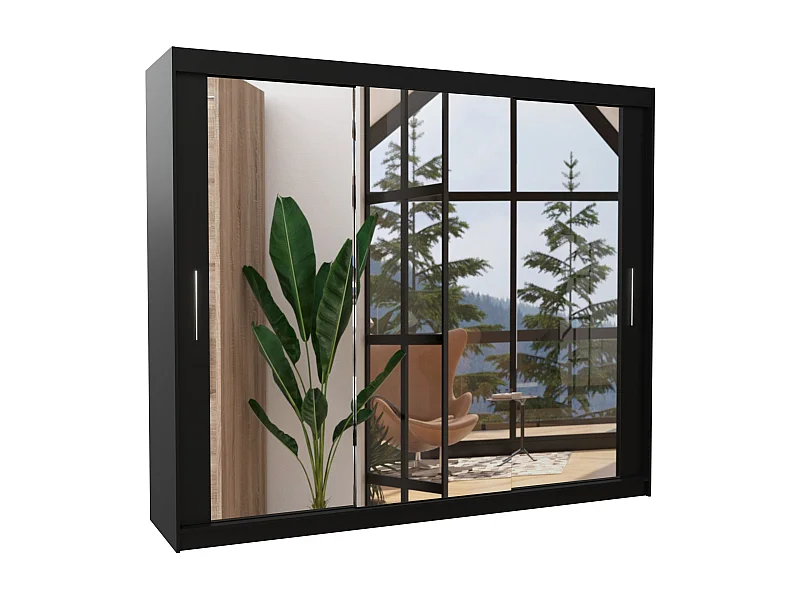 Grande armoire de chambre moderne 3 portes coulissantes noir et miroir Douko 250cm