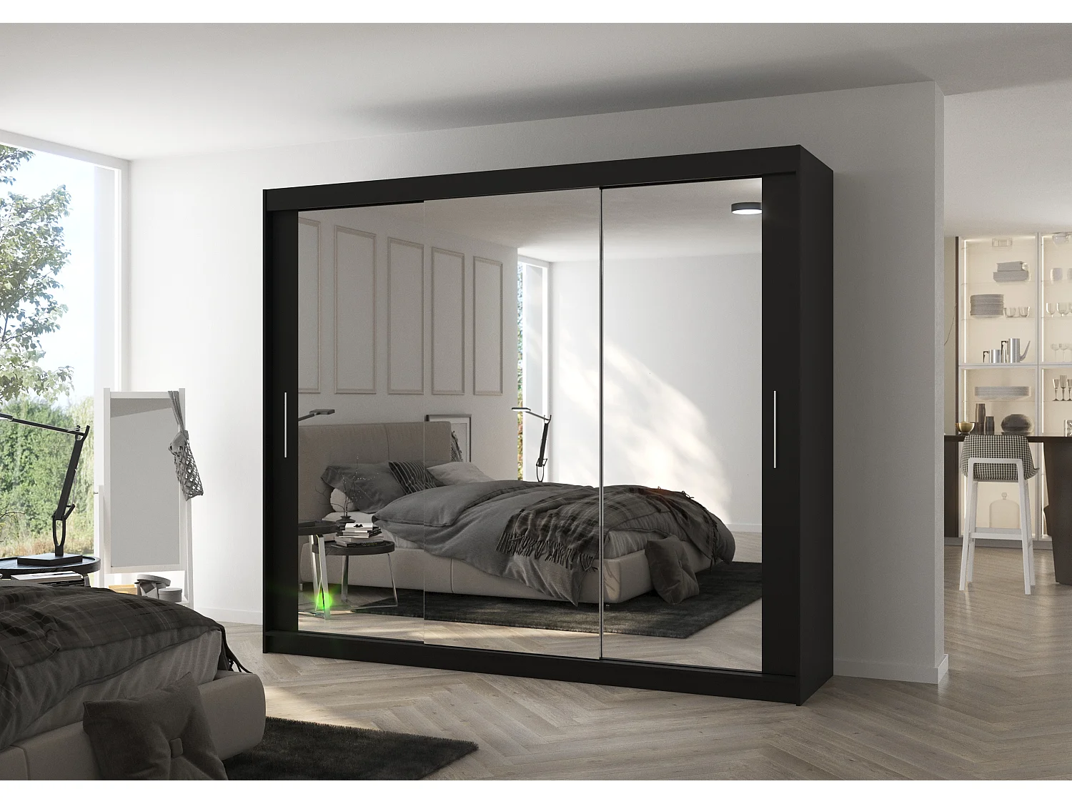 Grande armoire de chambre moderne 3 portes coulissantes noir et miroir Douko 250cm