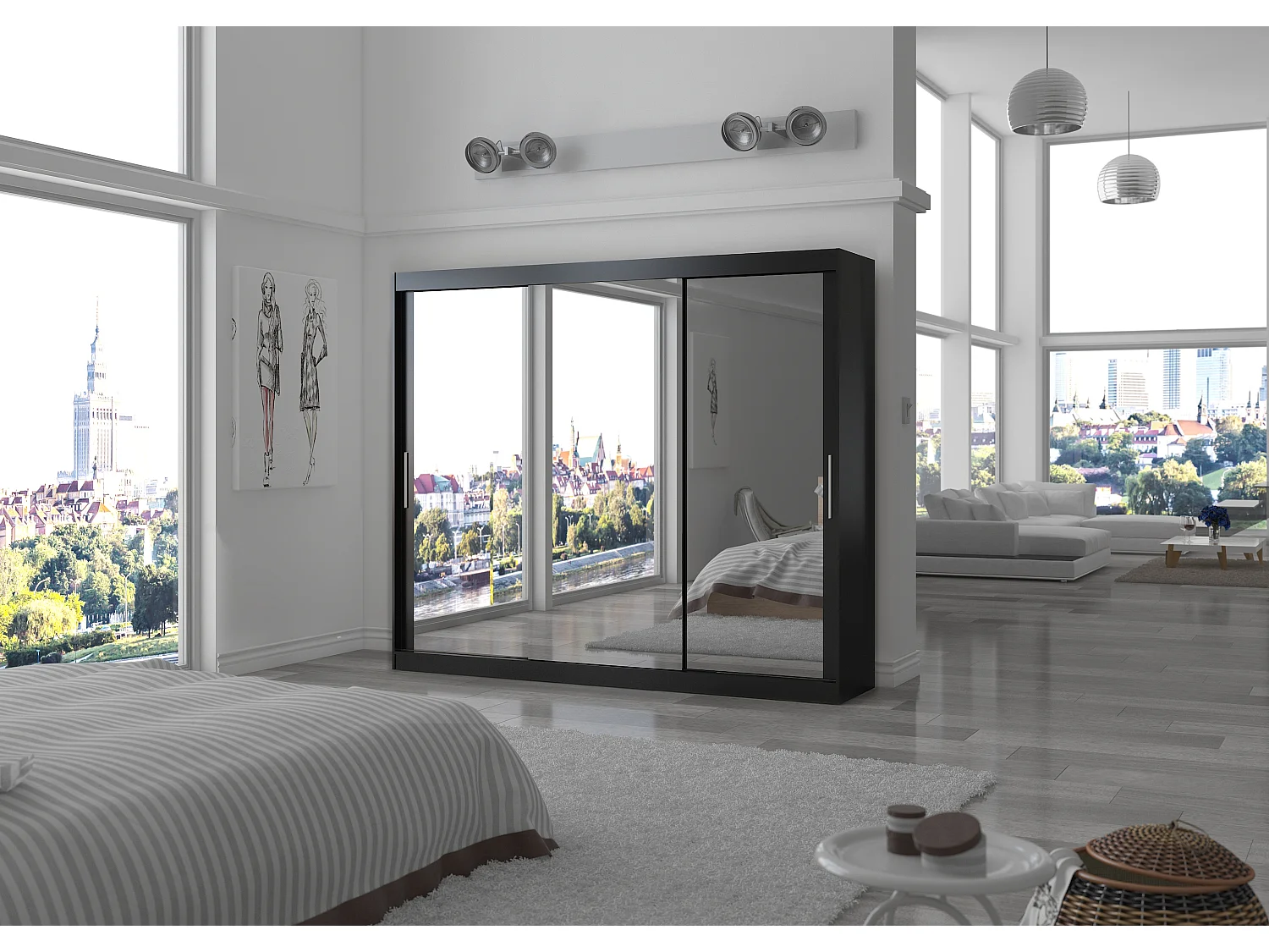 Grande armoire de chambre moderne 3 portes coulissantes noir et miroir Douko 250cm