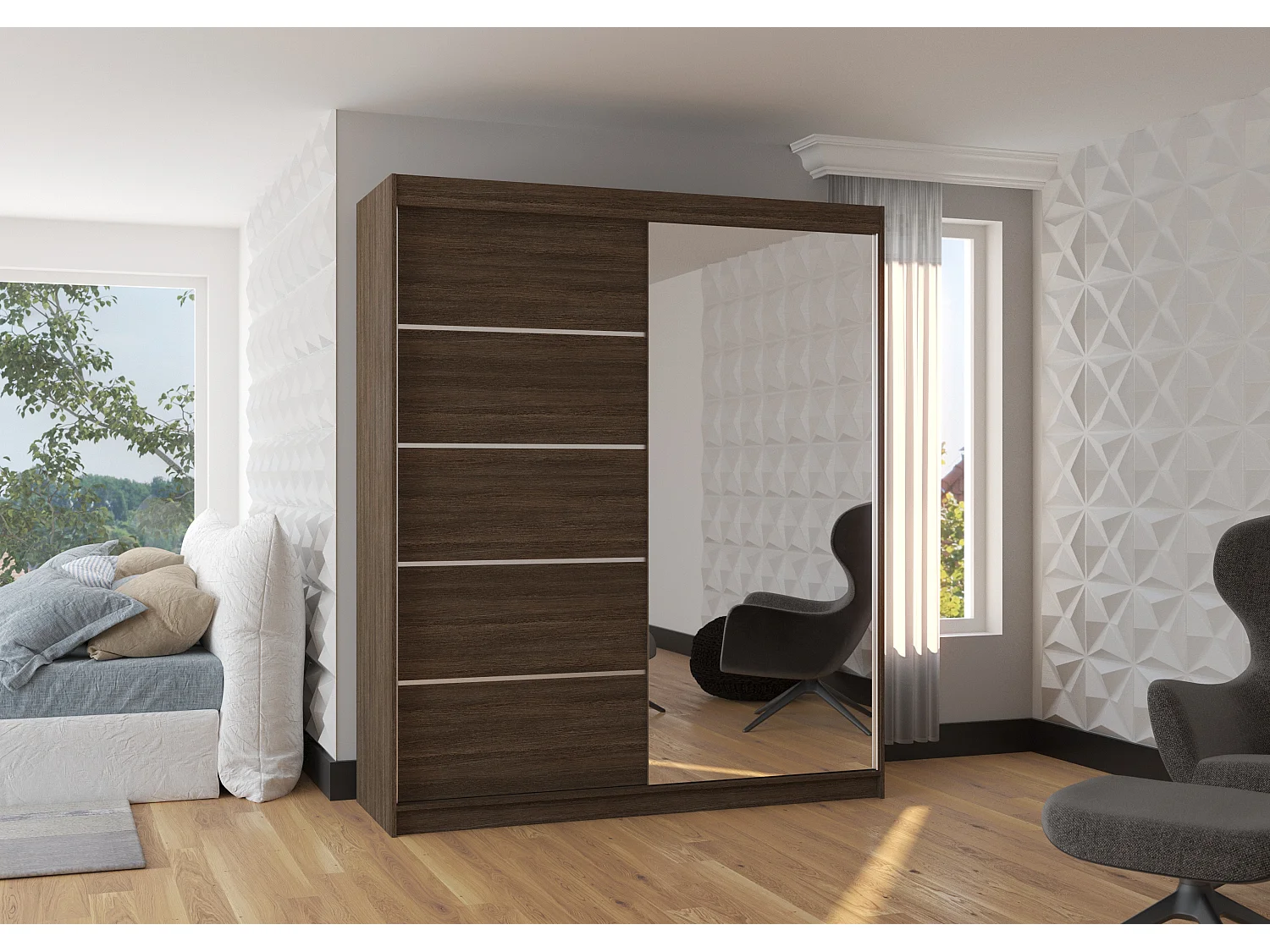Armoire de chambre design marron 2 portes coulissantes bois marron et alu avec miroir Karena 180cm