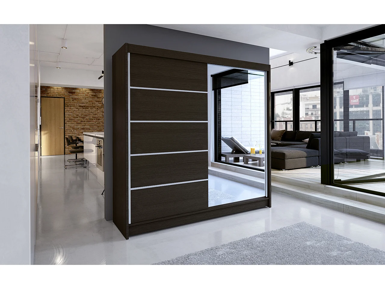 Armoire de chambre design marron 2 portes coulissantes bois marron et alu avec miroir Karena 180cm