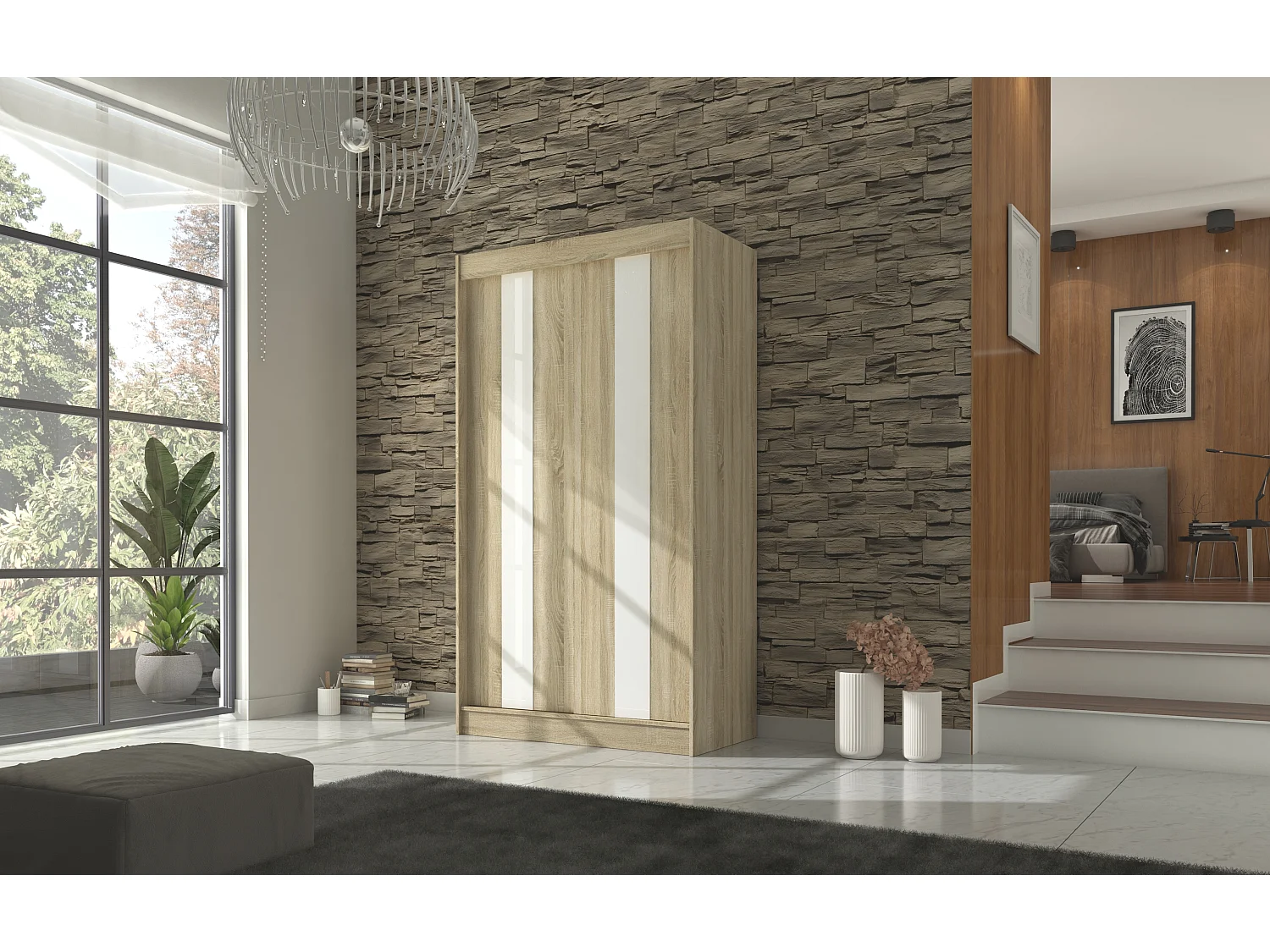 Armoire de chambre à portes coulissantes bois clair mat et blanc laqué Karola - 3 tailles-Largeur 120 cm