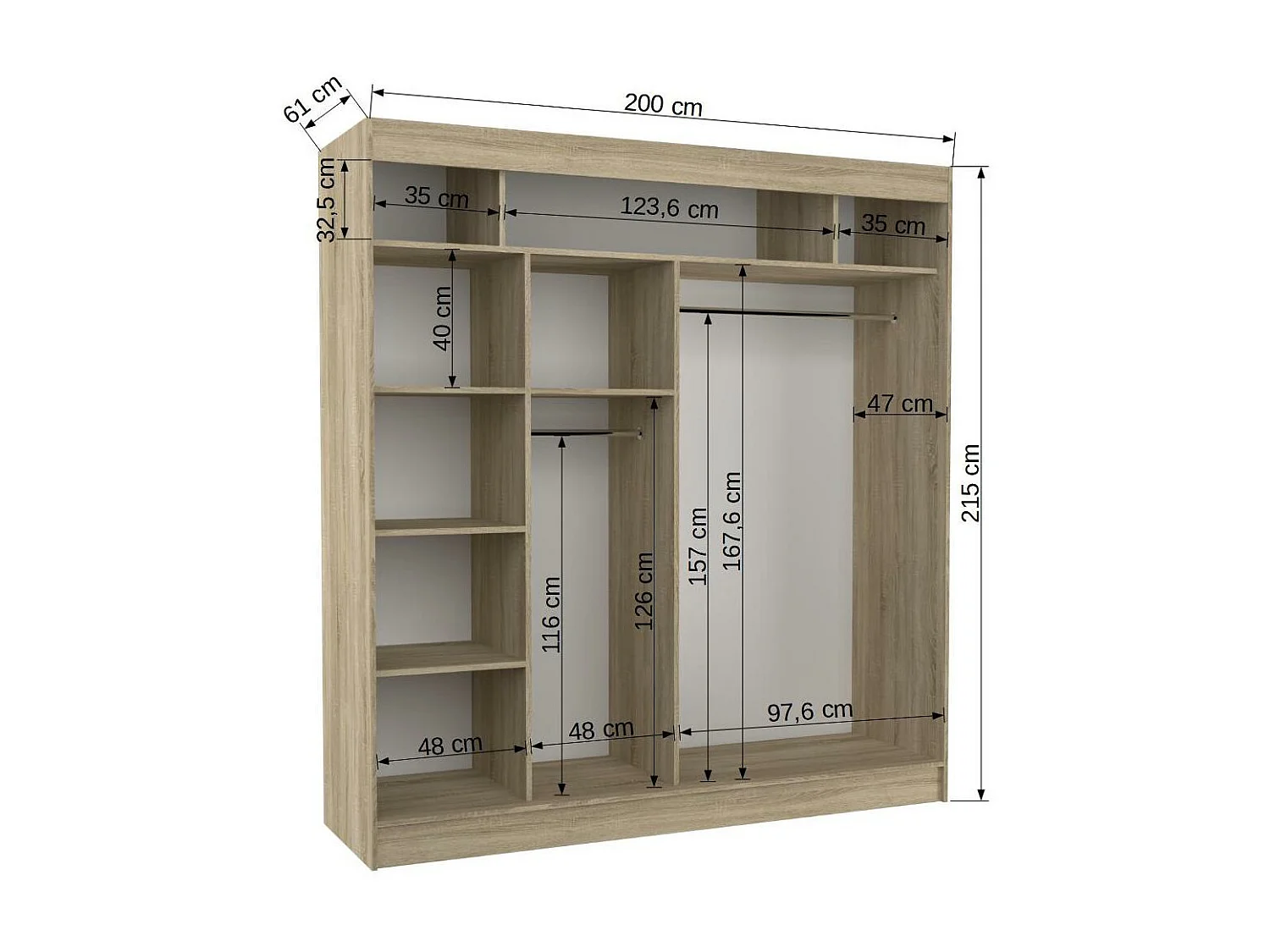 Armoire de chambre à portes coulissantes bois clair mat et blanc laqué Karola - 3 tailles-Largeur 120 cm