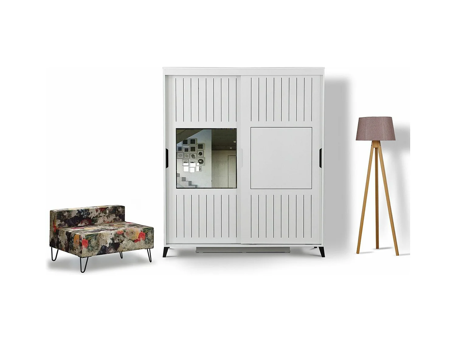 Armoire 2 portes coulissantes avec miroir Olgin L150xH216cm Bois Blanc