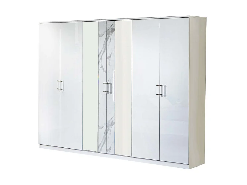 Grande armoire de chambre design 6 portes battantes bois blanc laqué et effet marbre Krystal 270cm