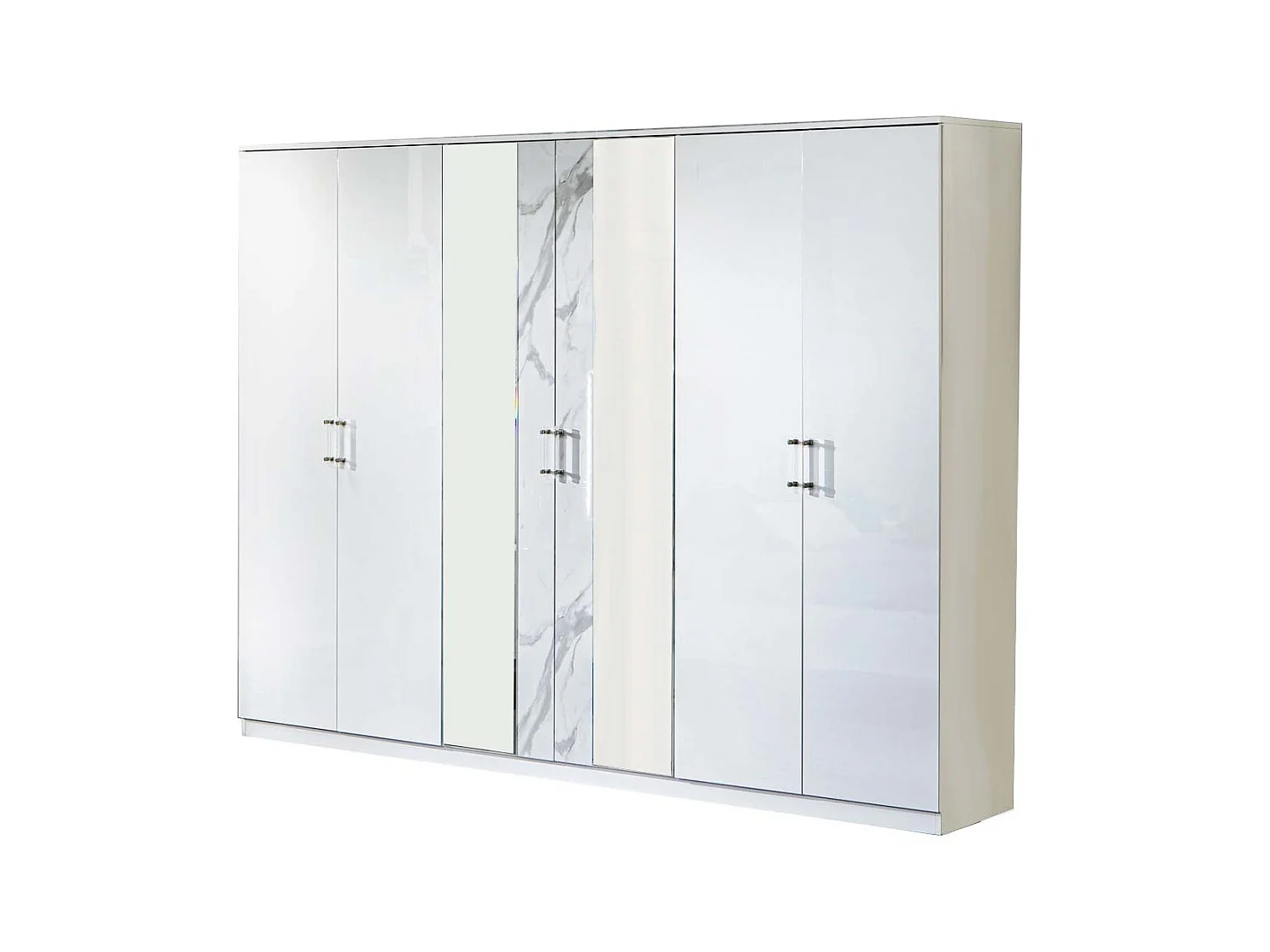 Grande armoire de chambre design 6 portes battantes bois blanc laqué et effet marbre Krystal 270cm