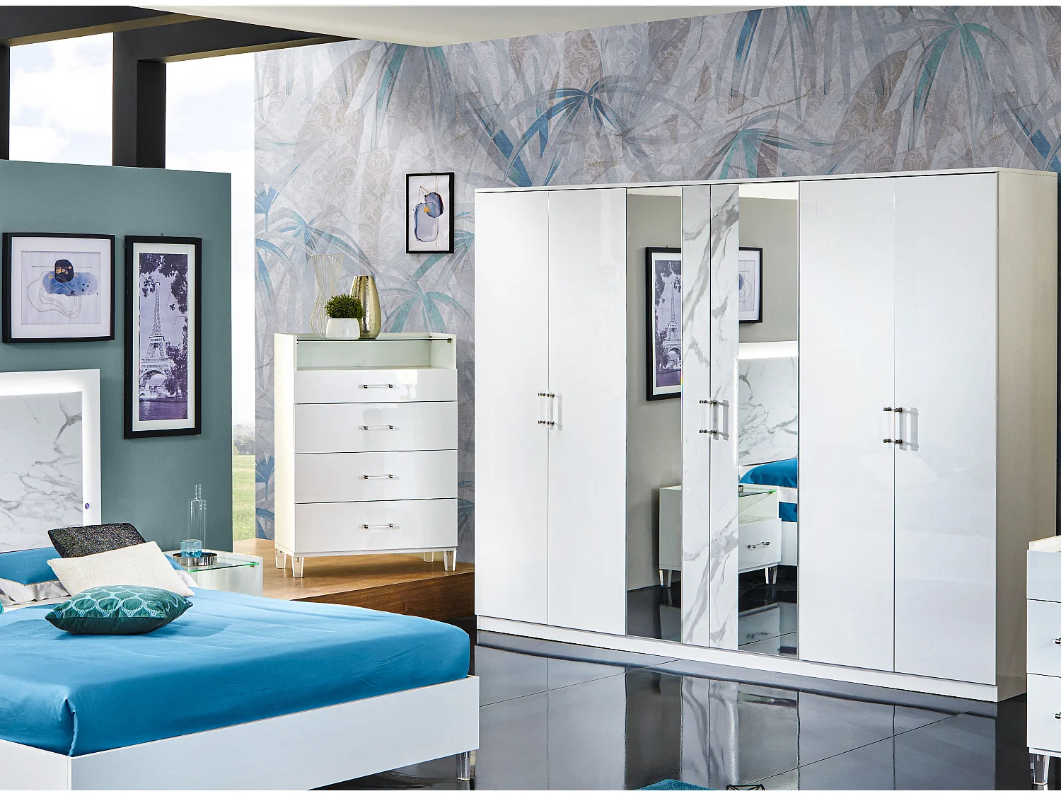 Grande armoire de chambre design 6 portes battantes bois blanc laqué et effet marbre Krystal 270cm