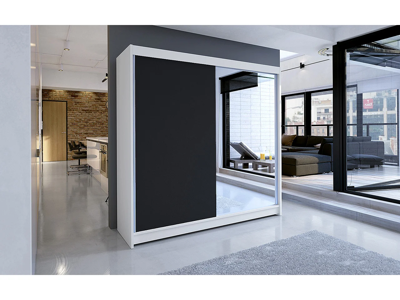 Armoire de chambre à coucher blanche 2 portes coulissantes 1 noir et 1 miroir Masso 180cm