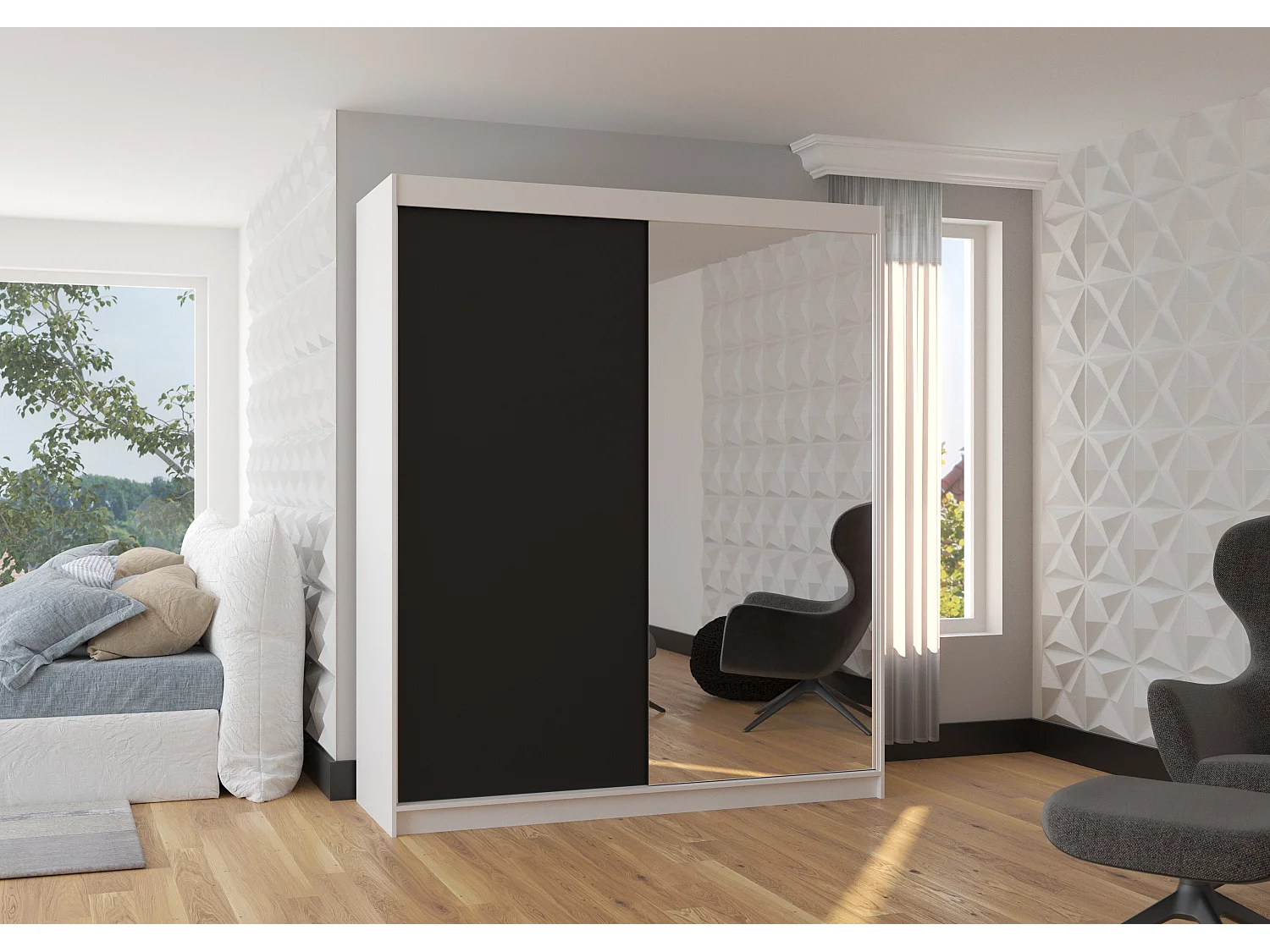 Armoire de chambre à coucher blanche 2 portes coulissantes 1 noir et 1 miroir Masso 180cm