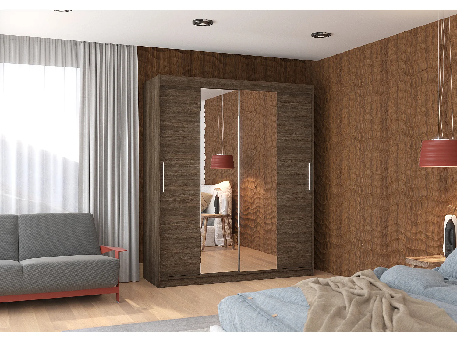 Armoire de chambre à coucher 2 portes coulissantes marron et miroir Dally 180cm