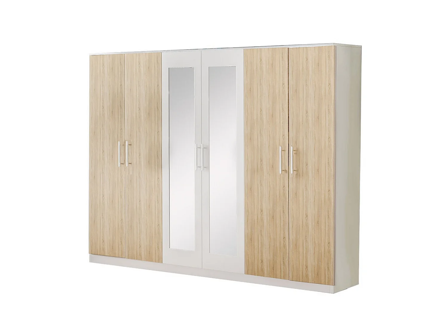 Grande rrmoire de chambre 6 portes battantes bois blanc brillant et bois naturel mat Dova 242cm