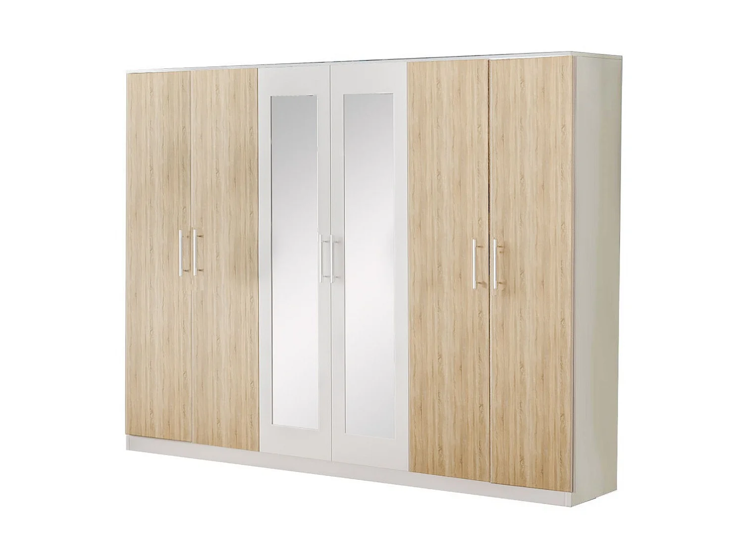 Grande rrmoire de chambre 6 portes battantes bois blanc brillant et bois naturel mat Dova 242cm
