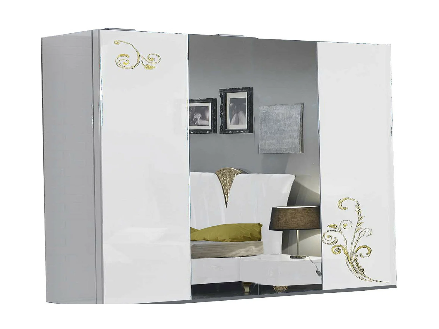 Grande armoire de chambre design 3 portes coulissantes bois laqué blanc et doré Jade 270cm