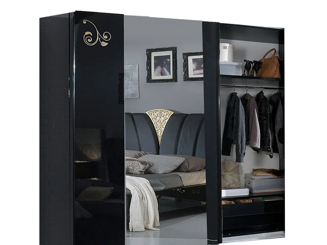 Grande armoire de chambre design 3 portes coulissantes bois laqué blanc et doré Jade 270cm