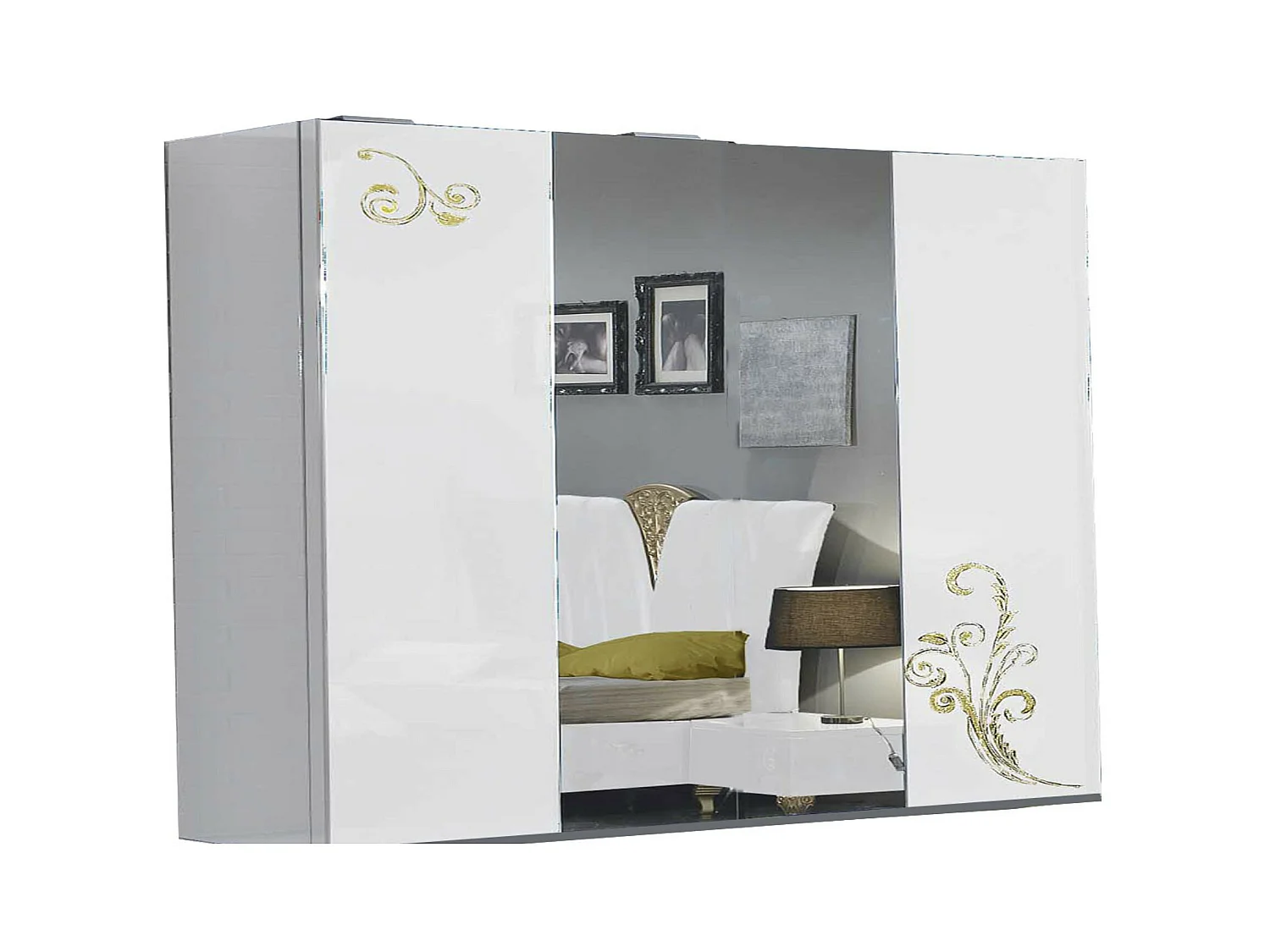 Grande armoire de chambre design 3 portes coulissantes bois laqué blanc et doré Jade 270cm