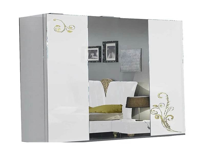 Grande armoire de chambre design 3 portes coulissantes bois laqué blanc et doré Jade 270cm