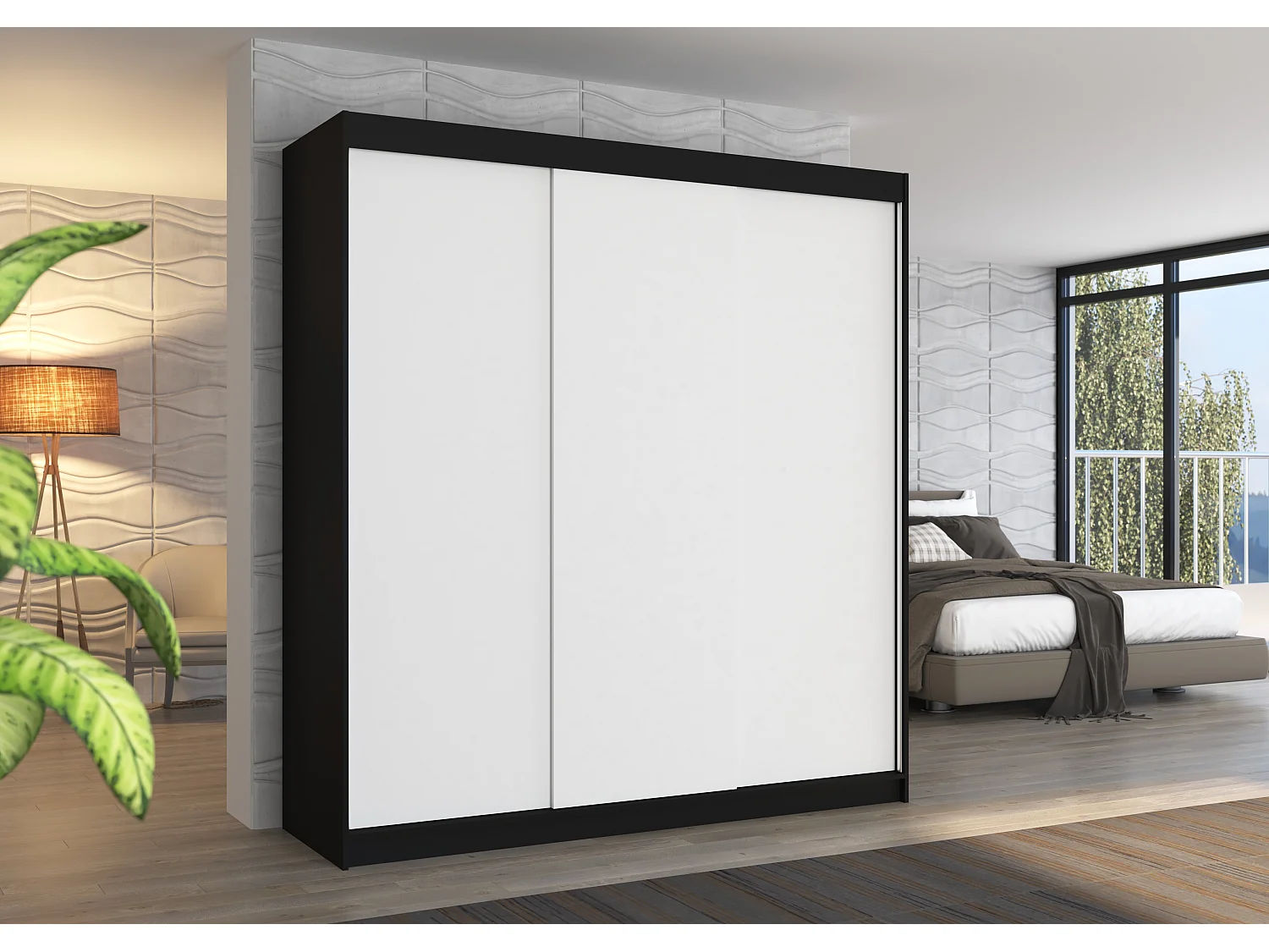 Armoire chambre adulte noir et blanche 2 portes coulissantes Kamia 200cm