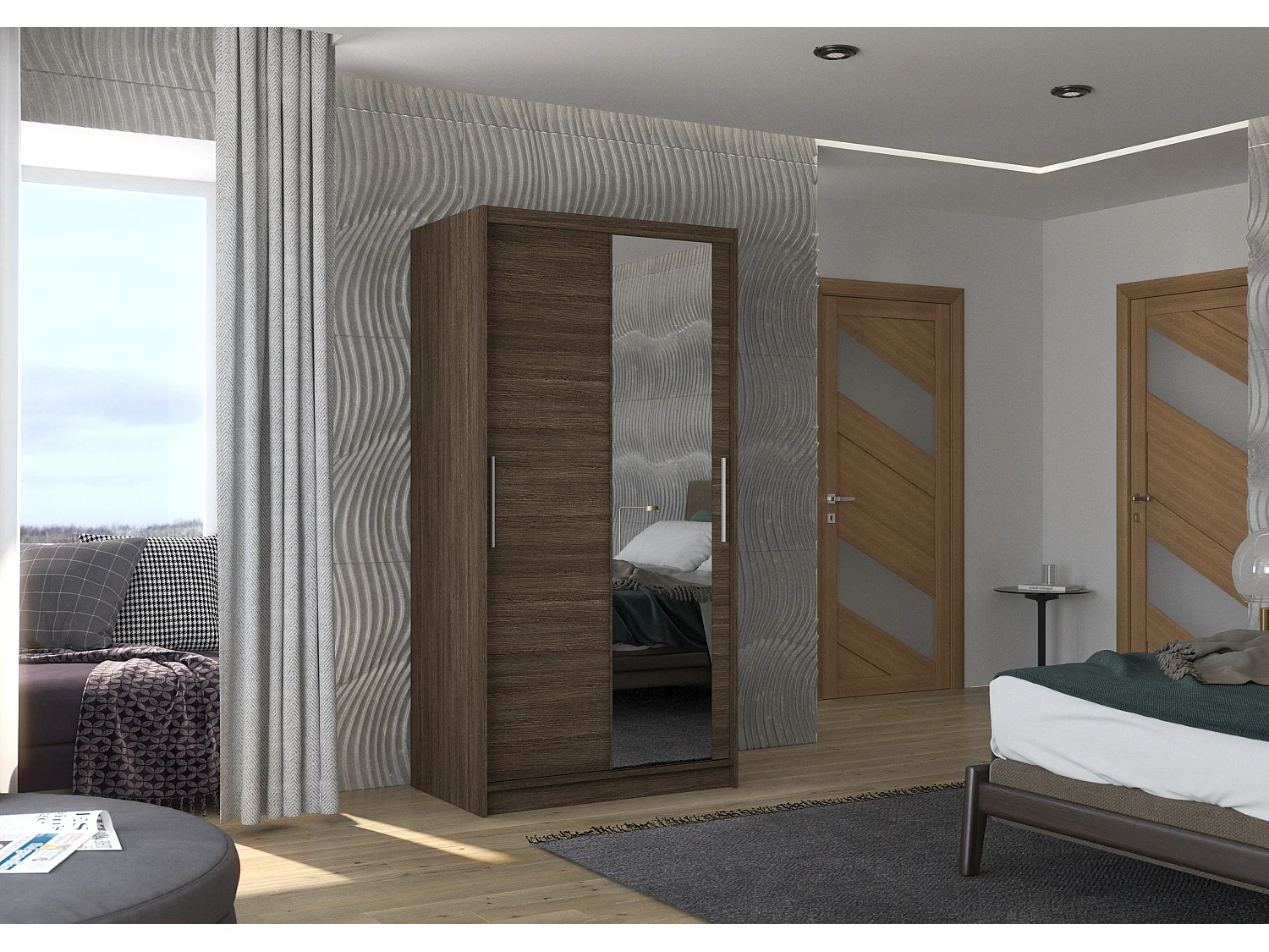 Petite armoire de chambre BAZO 2 portes coulissantes bois et miroir-Marron-Largeur 100 cm