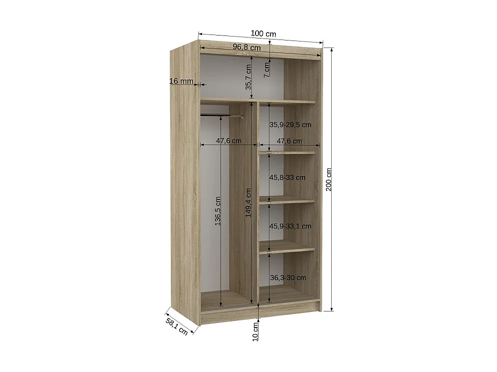 Petite armoire de chambre BAZO 2 portes coulissantes bois et miroir-Marron-Largeur 100 cm