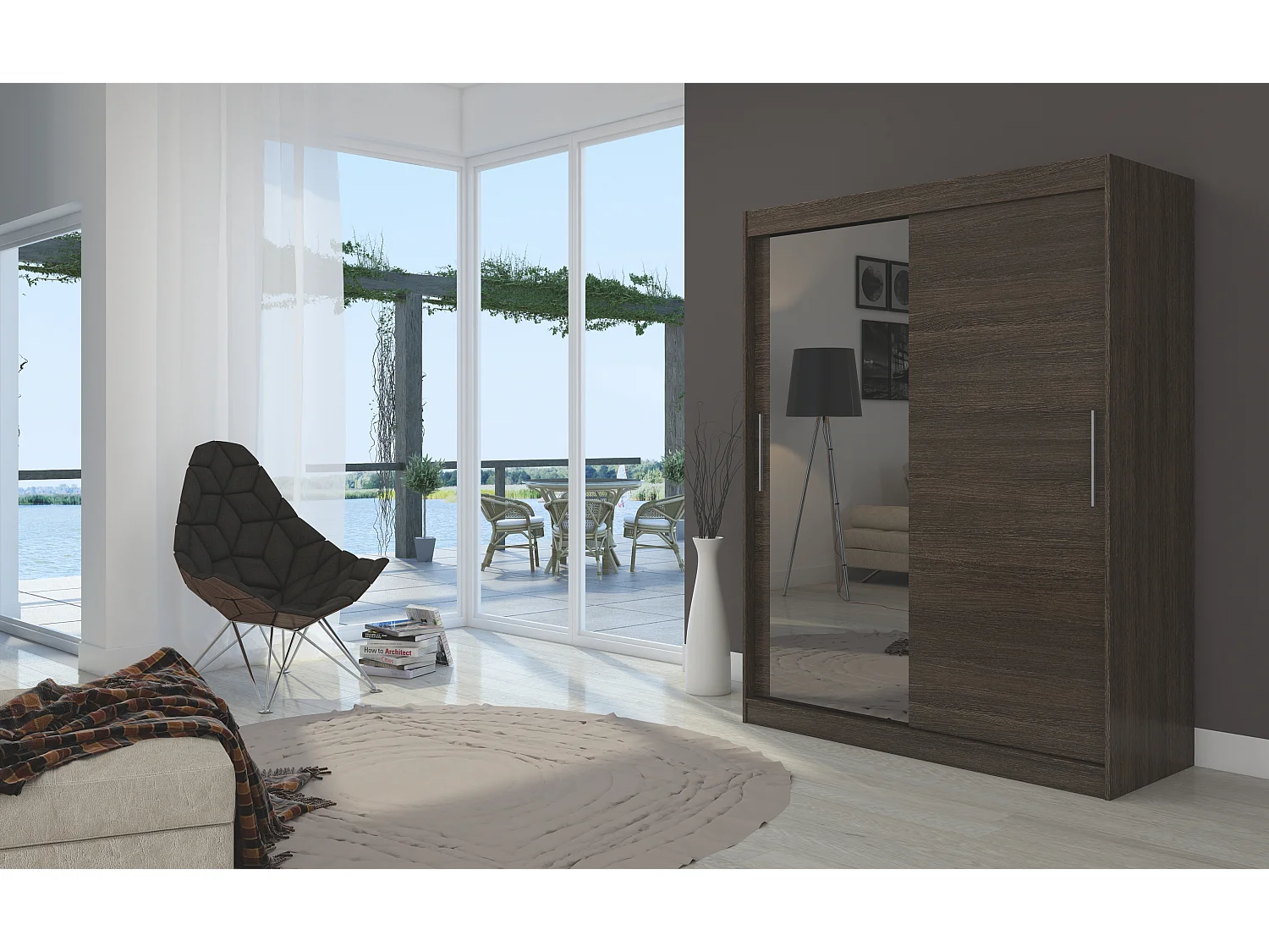 Armoire de chambre 2 portes coulissantes 1 marron 1 miroir Bianky 150cm