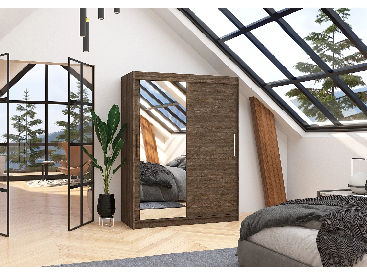 Armoire de chambre 2 portes coulissantes 1 marron 1 miroir Bianky 150cm