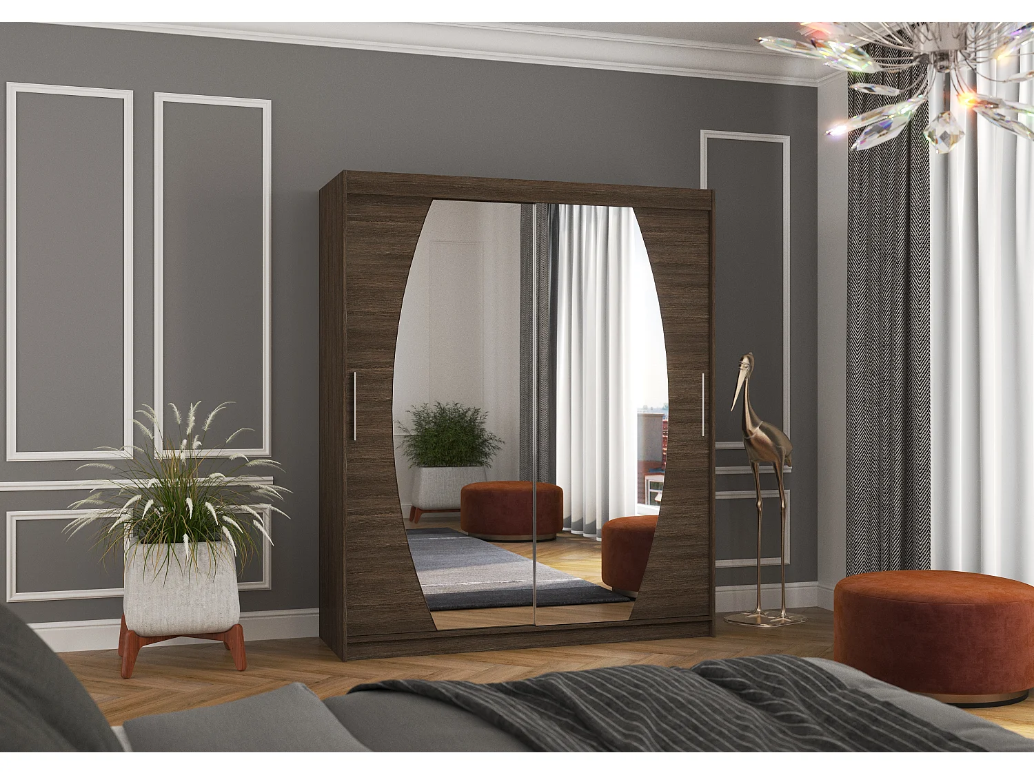 Armoire de chambre à coucher 2 portes coulissantes marron et miroir Balko 180cm