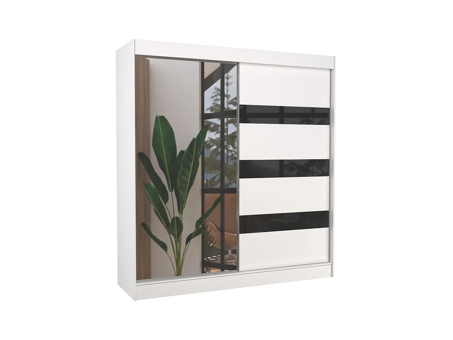 Armoire de chambre 1 porte blanche et noir laquée 1 porte miroir Voka - 3 tailles-Largeur 150 cm
