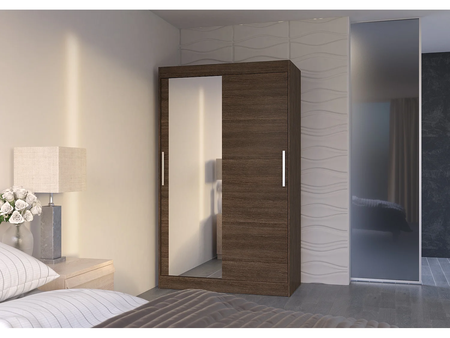 Petite armoire de chambre 2 portes coulissantes 1 bois marron 1 miroir Roba 120cm