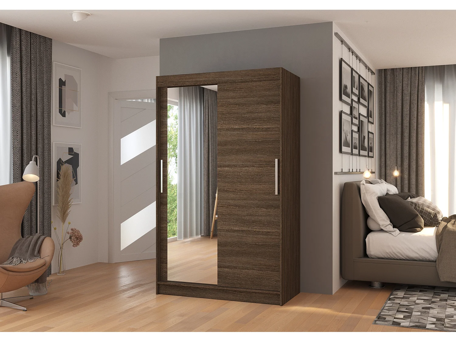 Petite armoire de chambre 2 portes coulissantes 1 bois marron 1 miroir Roba 120cm