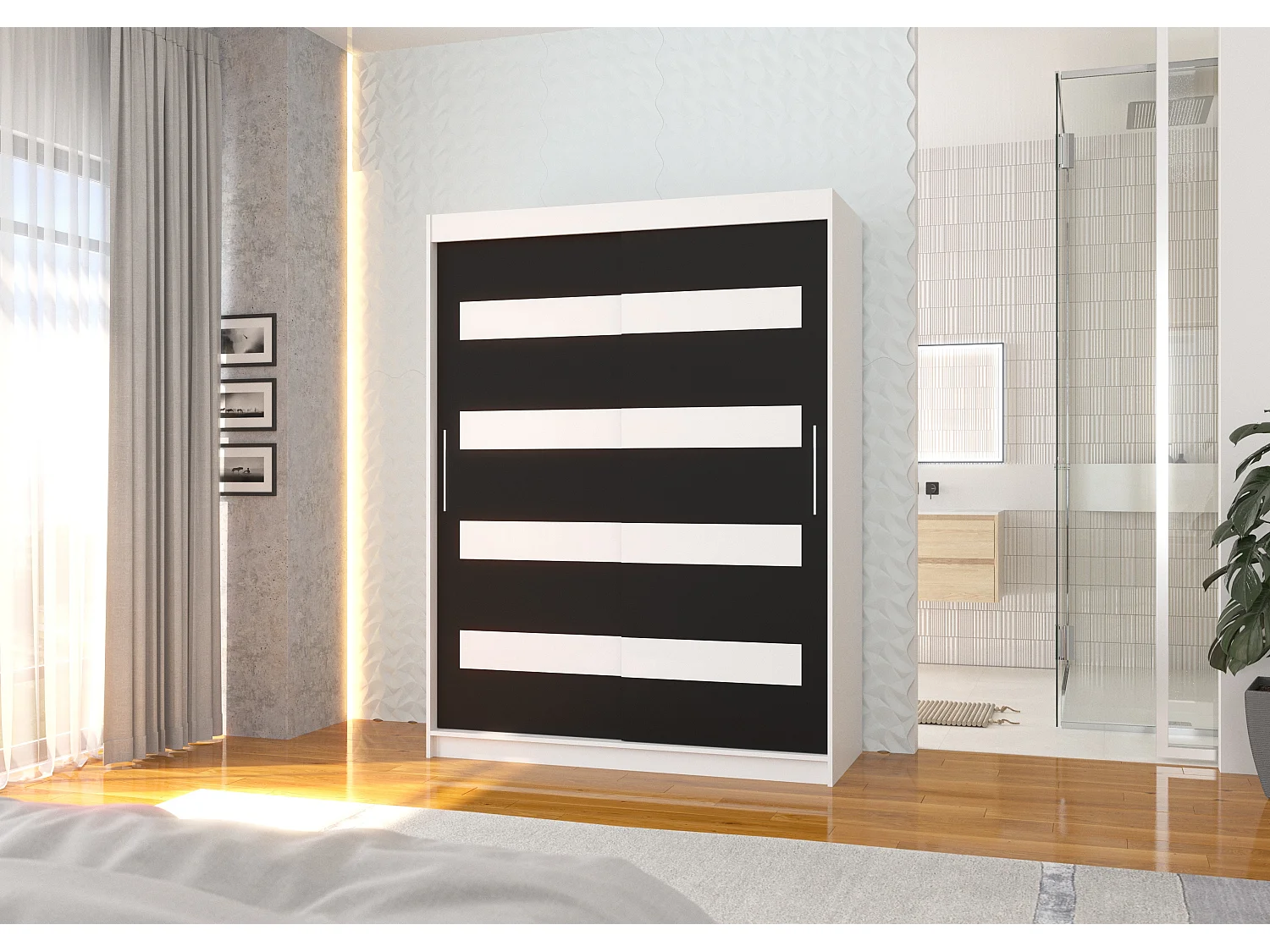 Armoire de chambre à coucher blanche 2 portes coulissantes noir mat et blanc laqué Zanko 150cm